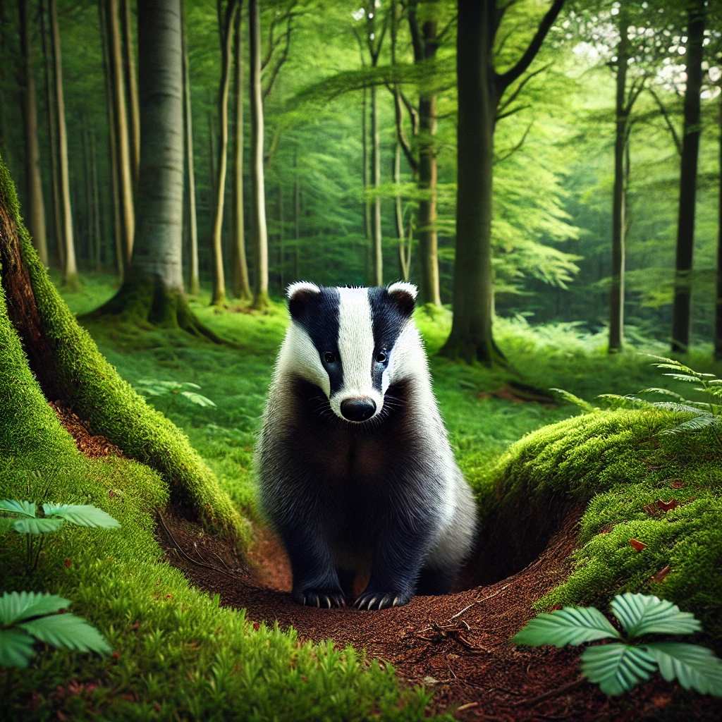 DALL·E 2024-06-19 10.32.24 - A European badger standing confidently in a lush, green forest. The badger has a distinctive black and white striped face, with a sturdy, robust body spiritual meaning of the European badger