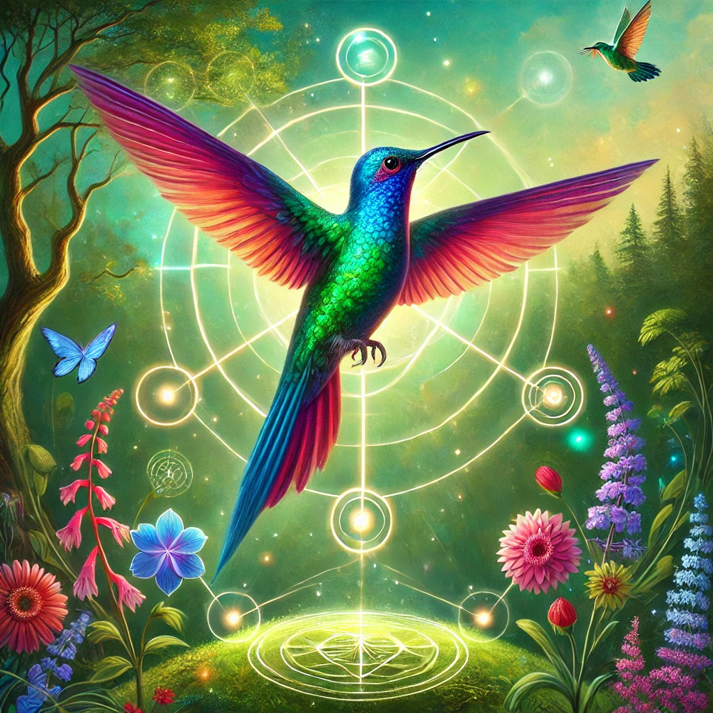 DALL·E 2024-07-06 16.51.03 - A serene scene featuring a hummingbird, embodying its symbolic power and beauty. The hummingbird, with iridescent feathers displaying vibrant colors l Spiritual Meaning of the Hummingbird