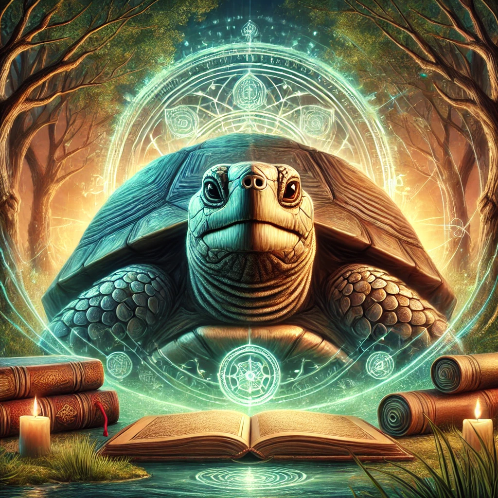 DALL·E 2024-07-06 19.47.26 - A wise turtle depicted in a serene and mystical setting. The turtle should have an ancient and wise expression, with detailed and intricate patterns o Spiritual Meaning of the Turtle