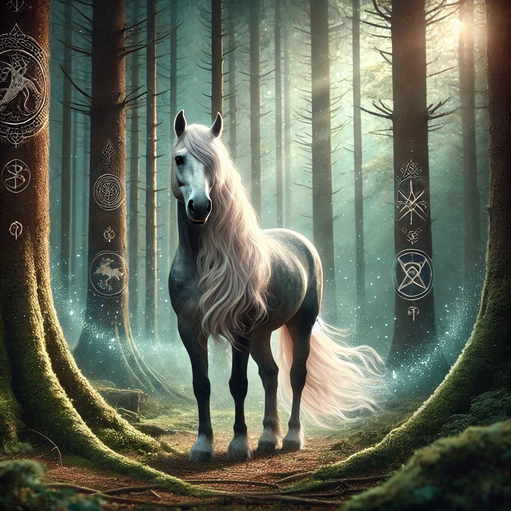 DALL·E 2024-07-06 19.59.15 - A wise and mystical horse standing in an ethereal forest. The horse has an elegant and graceful posture, with shimmering, flowing mane and tail that s spiritual meaning of the horse