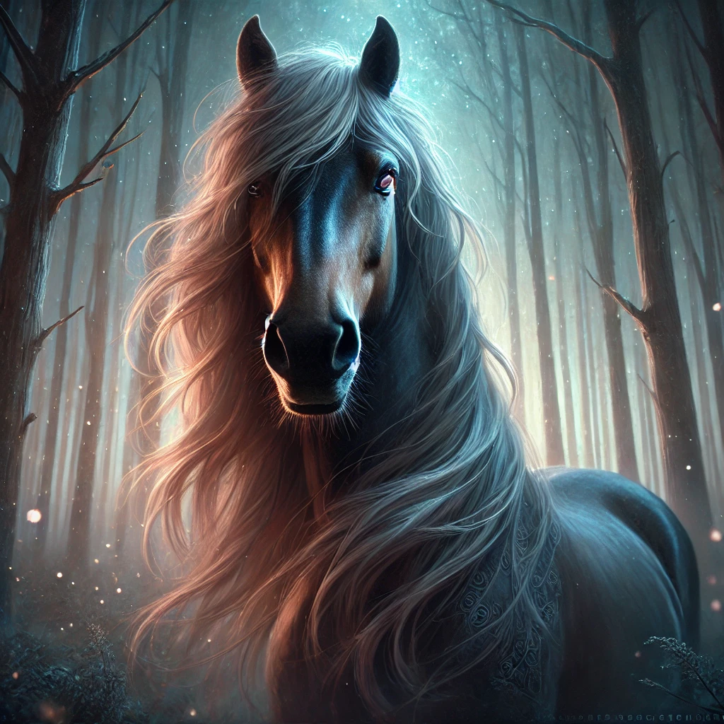 DALL·E 2024-07-06 19.59.35 - A wise and mystical horse standing in an ethereal forest. The horse has an ancient, knowing expression with bright, intelligent eyes that seem to hold spiritual meaning of the horse