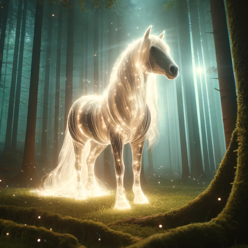 DALL·E 2024-07-06 20.00.52 - A wise and mystical horse made of light standing in an ethereal forest. The horse is composed of luminous, glowing light, with a serene and knowing ex spiritual meaning of the horse