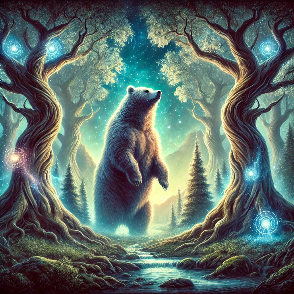 DALL·E 2024-07-22 20.46.38 - A mystical depiction of a bear standing on its hind legs in an enchanting forest. The bear is surrounded by tall, ancient trees with glowing, ethereal spiritual meaning of the bear