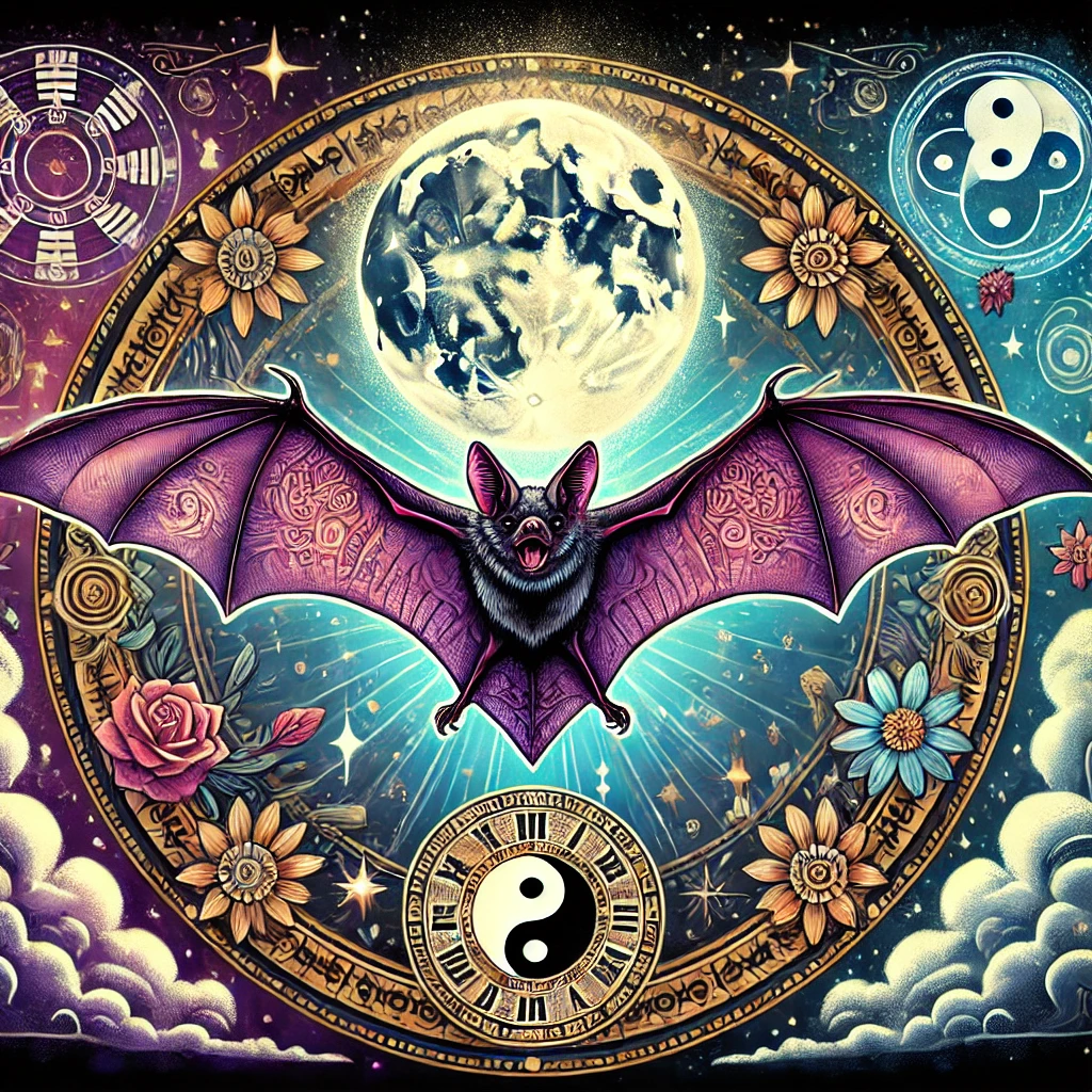 DALL·E 2024-07-22 21.10.15 - A detailed and mystical illustration of a bat flying in a night sky with a full moon. The bat is surrounded by symbols representing its spiritual sign spiritual meaning of the bat