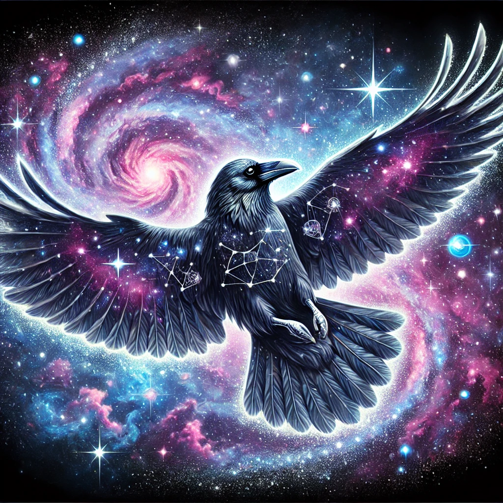 DALL·E 2024-09-03 16.58.06 - A galactic raven soaring through a cosmic landscape. The raven's feathers are embedded with starry constellations and nebulas, giving it a celestial a spiritual meaning of the raven