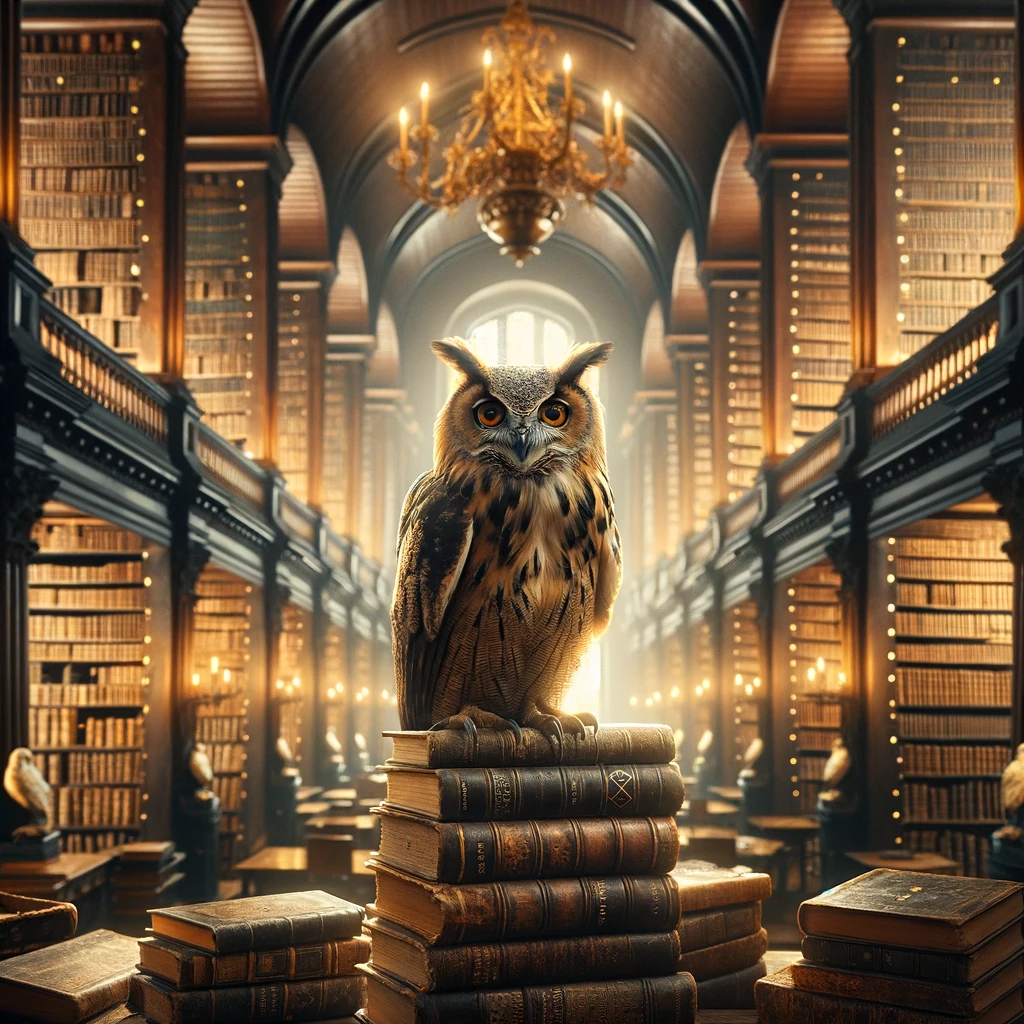 DALL·E 2024-09-03 18.40.02 - An owl sitting in a grand, ancient library filled with towering bookshelves and old, leather-bound books. The owl is perched on a stack of books, with significado espiritual del buho Spiritual Meaning of the Owl