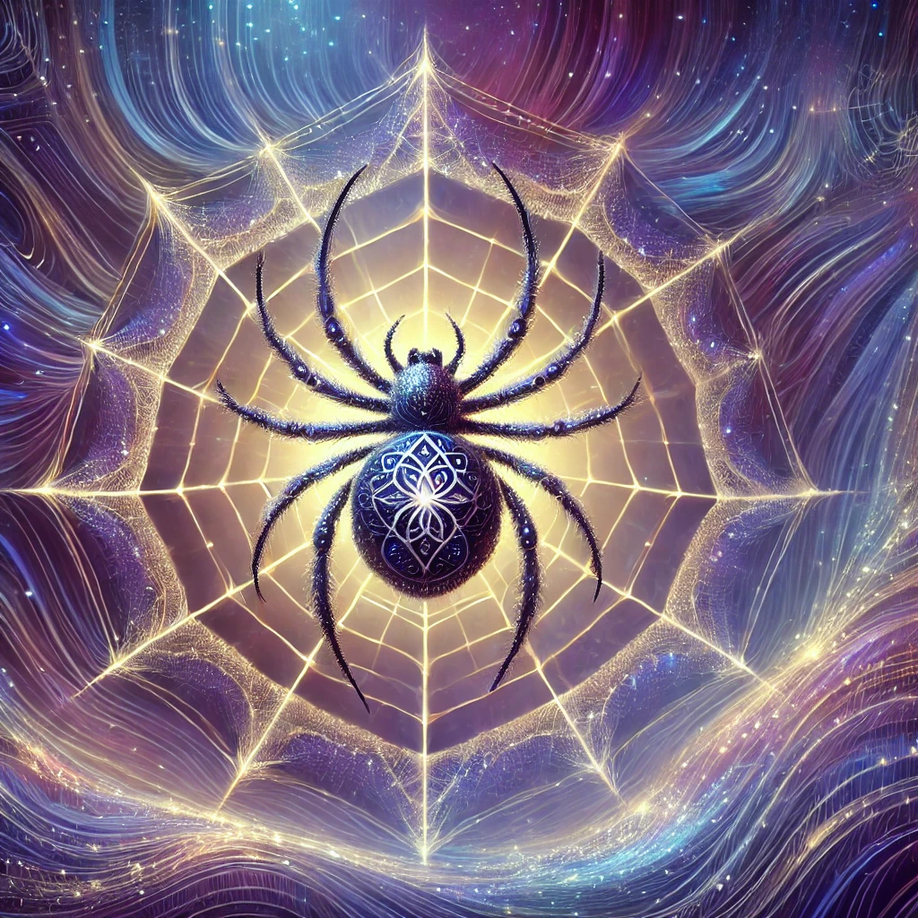 DALL·E 2024-09-03 18.51.24 - A spider depicted as a symbol of spiritual wisdom and connection. The spider's body is adorned with sacred geometric patterns that glow with an ethere Spiritual Meaning of the Spider