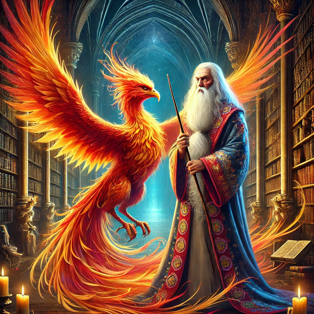 DALL·E 2024-08-02 23.16.13 - A majestic Phoenix perched beside an old, wise wizard resembling Dumbledore. The Phoenix has fiery feathers in shades of red, orange, and gold, emanat spiritual meaning of the phoenix