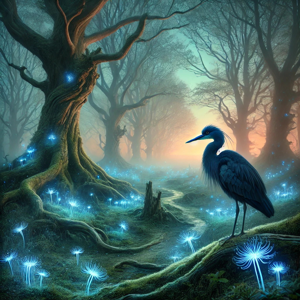 DALL·E 2024-08-29 17.25.56 - A completely different mystical scene featuring a blue heron standing in an enchanted forest at dawn. The heron is surrounded by ancient trees with tw Spiritual Meaning of the Blue Heron