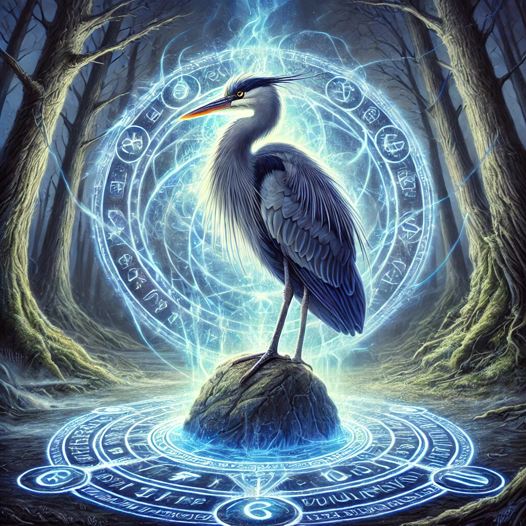 DALL·E 2024-08-29 17.26.43 - A powerful and mystical scene featuring a blue heron depicted as an animal of power. The heron stands tall and majestic on a rock in the center of a g Spiritual Meaning of the Blue Heron