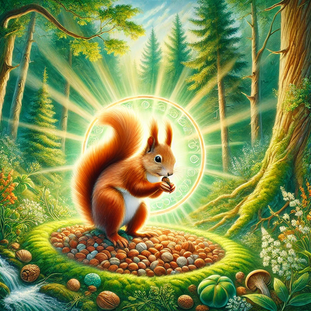 DALL·E 2024-09-11 21.38.20 - A spiritual depiction of a squirrel in a natural forest setting, symbolizing energy, playfulness, and preparedness. The squirrel is seen gathering nut Spiritual Meaning of the Squirrel