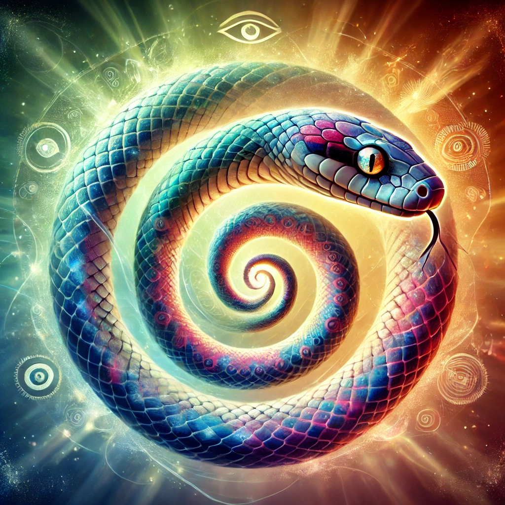 DALL·E 2024-09-25 21.22.53 - A mystical and symbolic serpent representing transformation, wisdom, and duality. The snake has vibrant, changing colors on its scales to symbolize re Spiritual Meaning of the Snake
