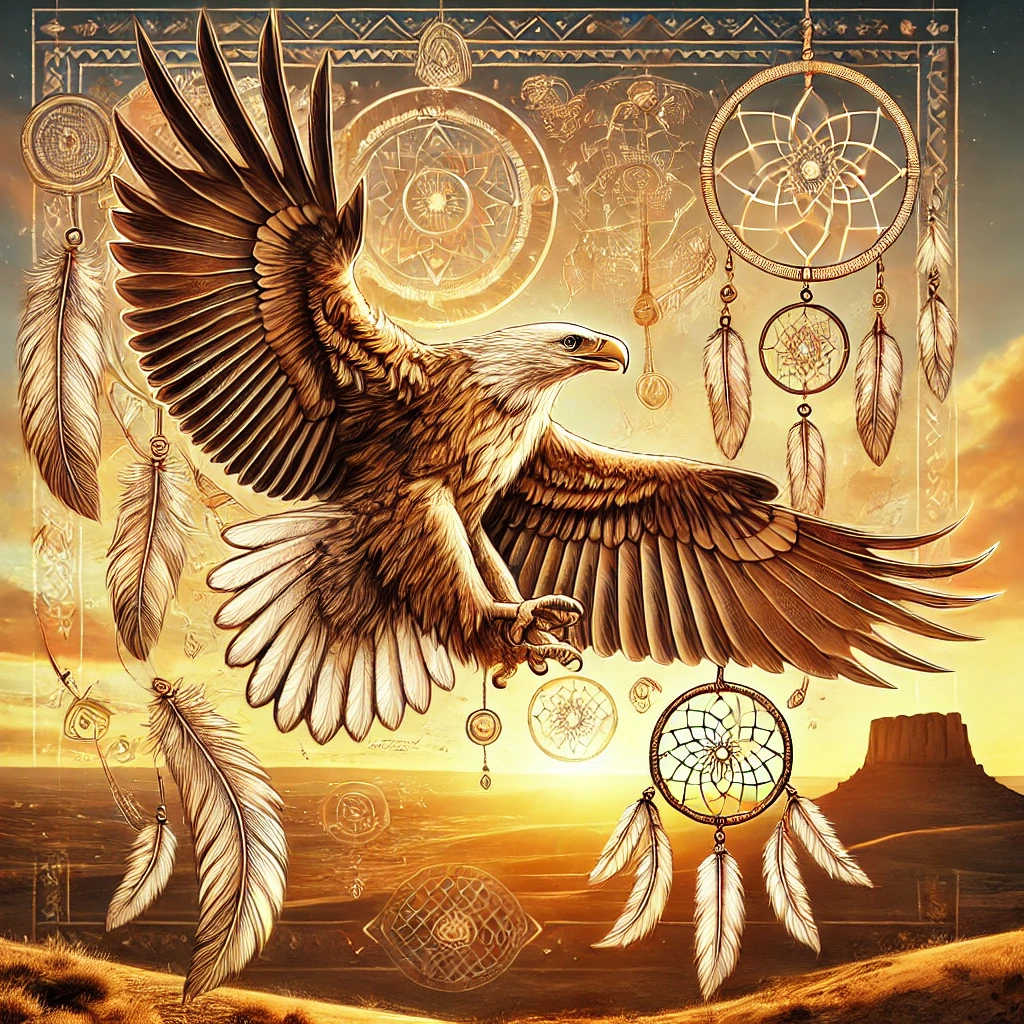 DALL·E 2024-10-11 19.18.46 - A powerful eagle depicted as a Native American totem animal. The eagle is soaring high with its wings wide open, surrounded by spiritual symbols. The spiritual meaning of the eagle