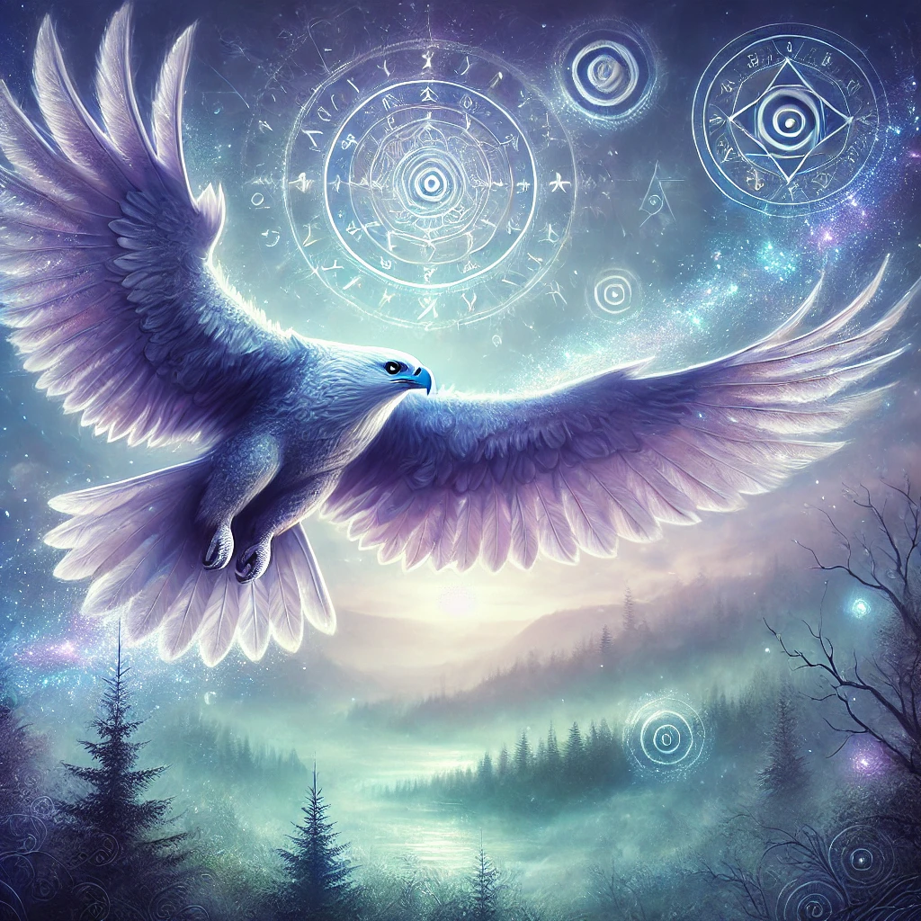 DALL·E 2024-10-11 19.19.23 - A mystical eagle soaring through an ethereal sky. The eagle has glowing eyes and its feathers shimmer with magical hues of silver, blue, and violet. I spiritual meaning of the eagle