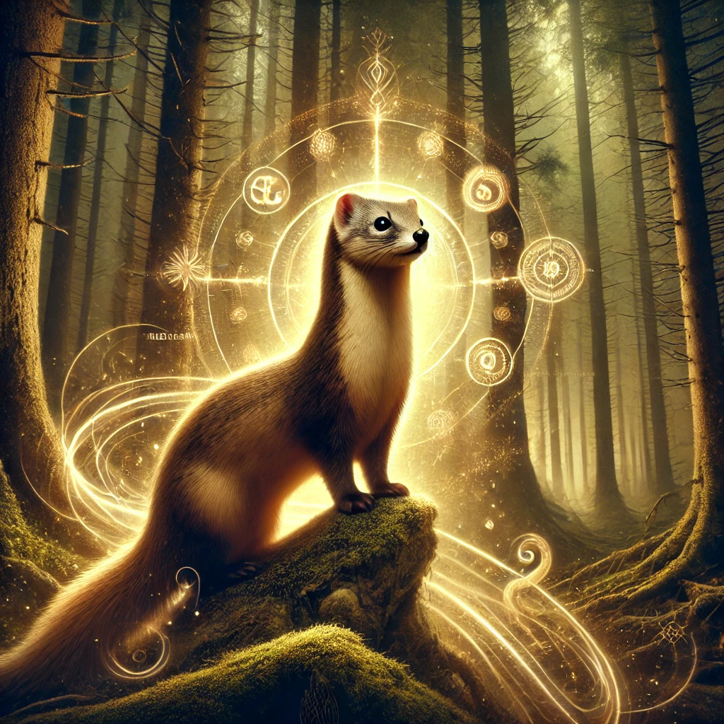 DALL·E 2024-10-19 11.42.05 - A powerful and mystical depiction of a comadreja (weasel) as a spirit animal. The comadreja stands majestically on a rock in a dense, ancient forest, Significado Espiritual de la Comadreja