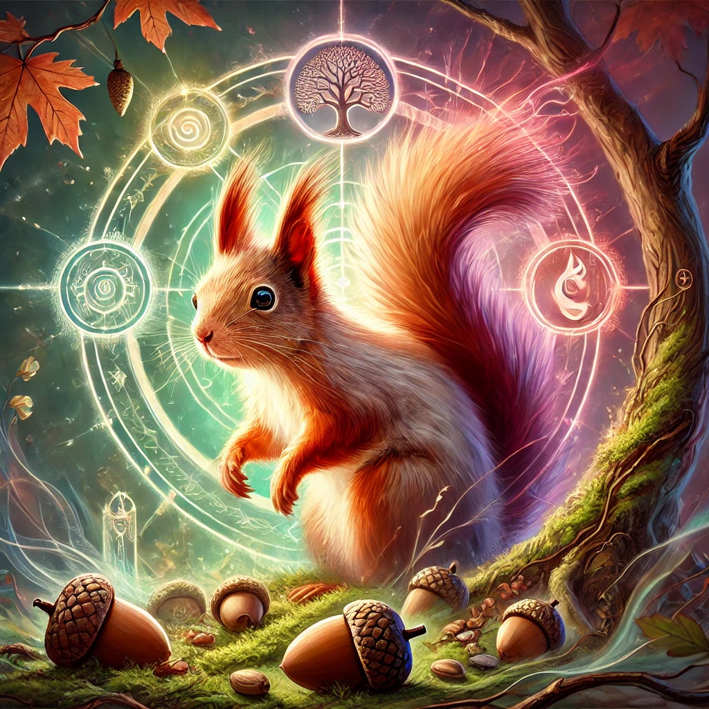 DALL·E 2024-10-22 10.15.14 - A mystical representation of a squirrel as a totem. The squirrel is surrounded by elements of nature like trees and acorns, symbolizing its connection Squirrel as a Totem
